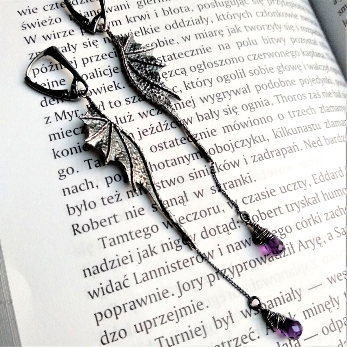 Kolczyki Long Dragon Wings Chain z ametystami