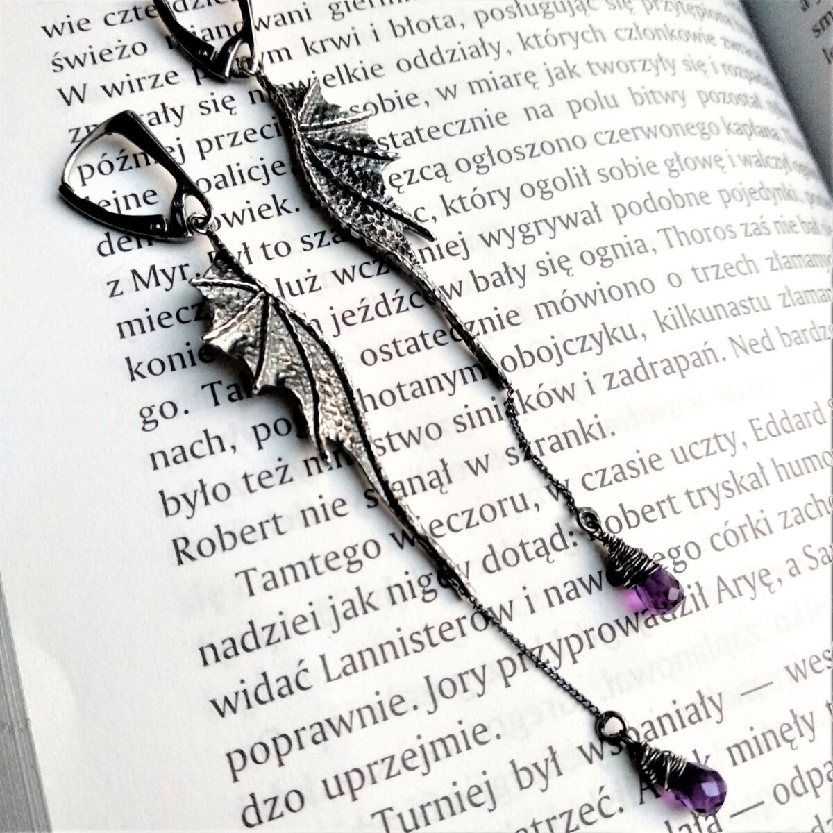 Kolczyki Long Dragon Wings Chain z ametystami